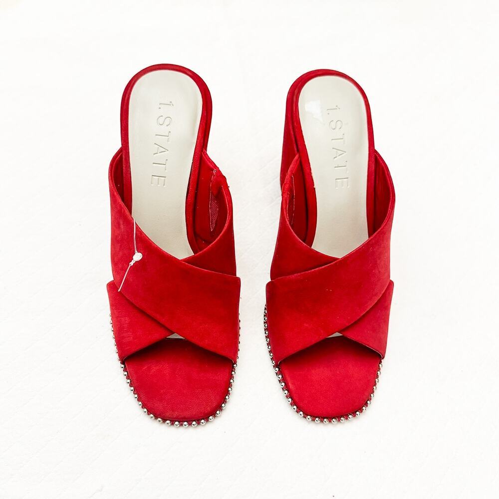 1 State Red Criss Cross Open Toe Studded Mule Heeled Shoes Size 7.5 Nwob